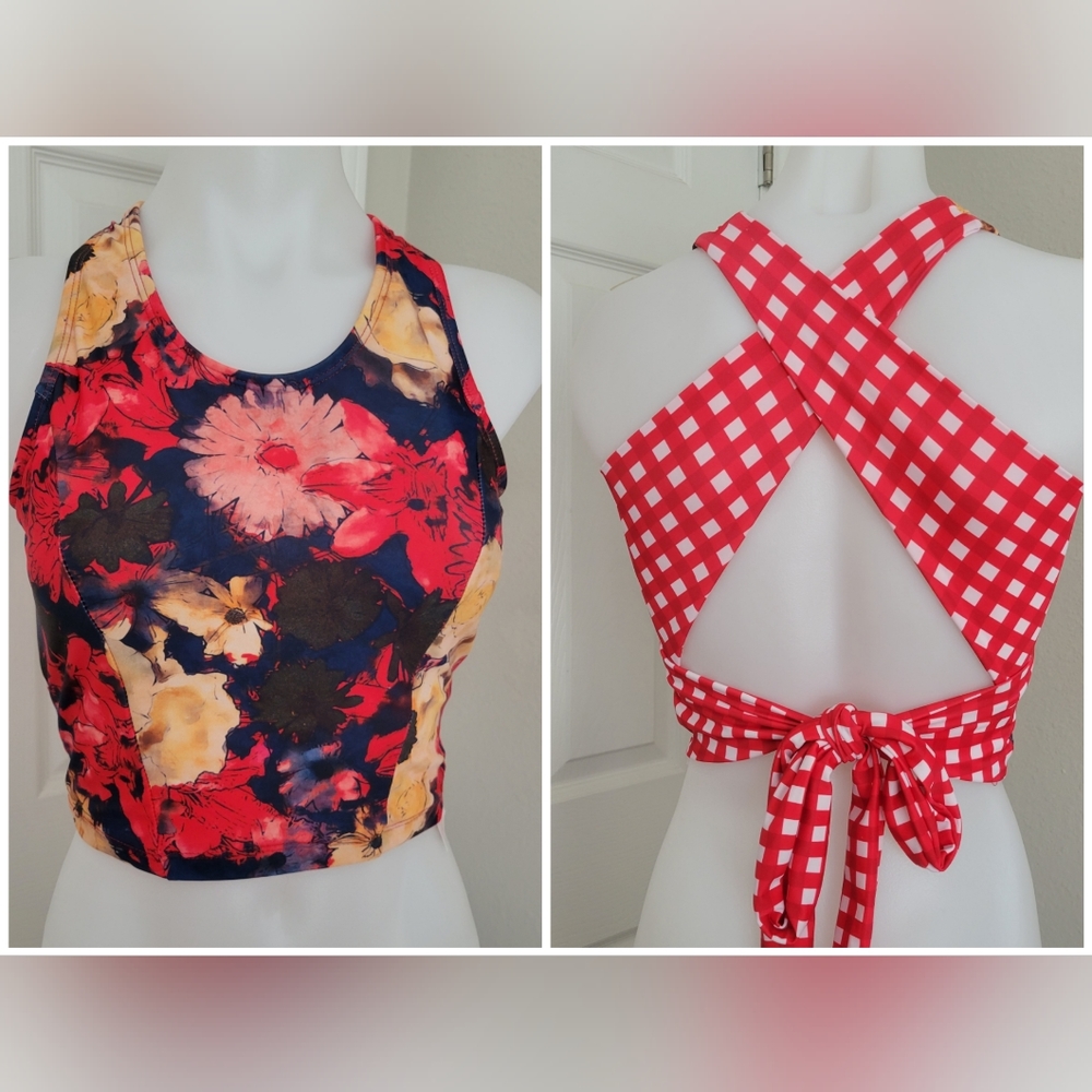 Lime Ricki Watercolor Crossback Tankini Top S NWT Red Floral X Gingham - Picture 1 of 13